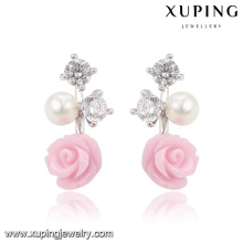 92025 Xuping Fashion Fleur Rhodium CZ Diamant Imitation Bijoux Boucle D&#39;Oreille En Verre avec Perle
